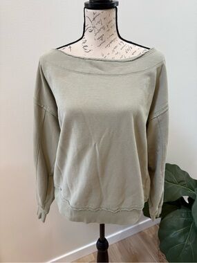 American Eagle Sage Green Off Shoulder Sweatshirt Small Raw Hem Oversized